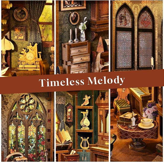 fifijoy Book Nook Kit Music, DIY Miniature House Kit Book Nook, 3D Wooden Puzzle Bookshelf Insert Diorama Kit with Led Light for Teens and Adults (Timeless Melody)