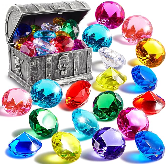 Sloosh Diving Gems Pool Toys,16 Big Colorful Diamond with Pirate Treasure Chest,Swim Dive Toy for Kids Underwater Gemstone Swimming Training Gift Water Toys Pool Games(Silver)