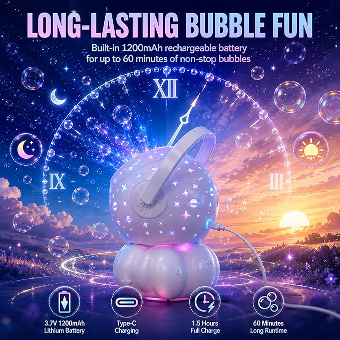 Bubble Machine for Kids, 3-in-1 Rechargeable Bubble Maker with 7 Night Light Star Projector, 30000+ Bubbles/Min, 600ml Large Capacity Electric Bubble Blower Toy for Weddings, Birthday Parties