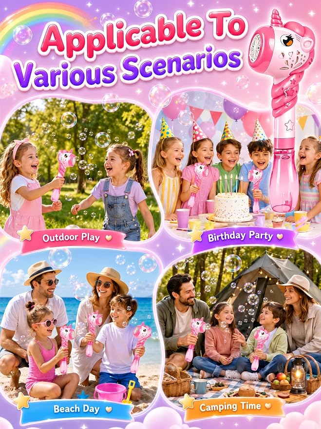 Unicorn Automatic Bubble Wand Solution for Toddler Kid Princess Toy Age 1 2 3 4 5 6 7 8 1yr Year Old Little Girl Gift Machine Outdoor Juegos Juguetes Burbujas Niñas Christmas Pink