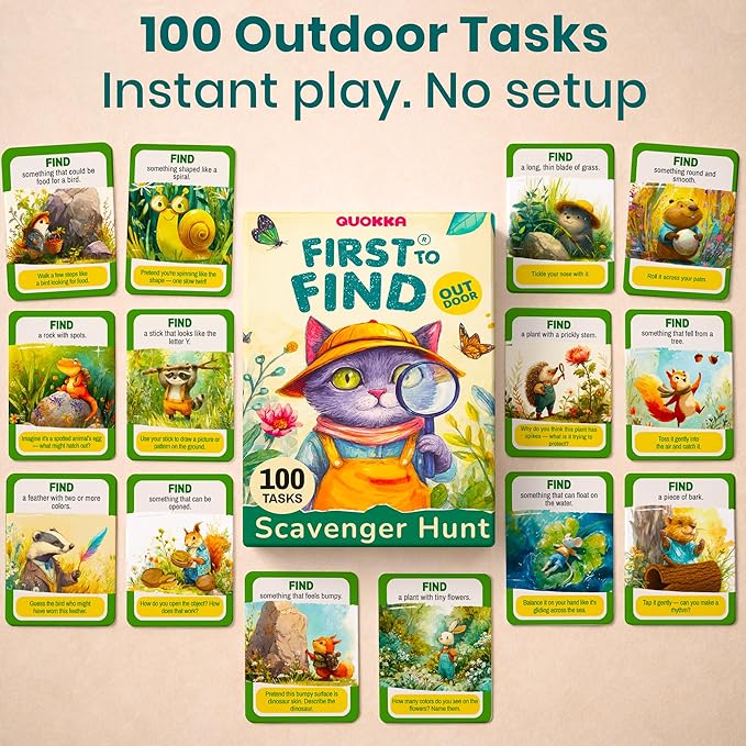 QUOKKA Scavenger Hunt Game for Kids Ages 4–8 – Outdoor Adventure Card Set with 100 Creative Tasks for Camping, Backyard Play & Summer Activities