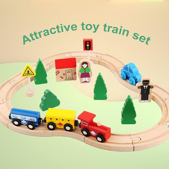 Wooden Train Tracks Toys for Toddler, 33 Pieces Magnetic Train with Wooden Tracks Fits for Thomas, Brio, Chuggington, Melissa and Doug, Rail Set Toy Gifts for 3 4 5 Years Old Girls & Boys