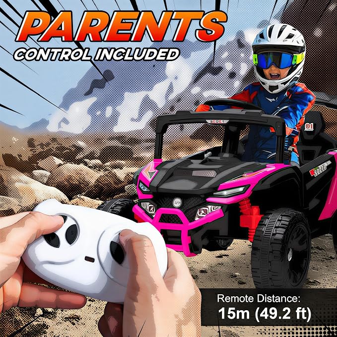 Qaba 12V Kids Ride On Car Truck, Battery Powered Electric UTV Vehicle with Rear Suspension, Remote Control, LED Lights, Music, Horn, Speed Up to 3.1 mph, for 3-5 Years Boys Girls, Pink