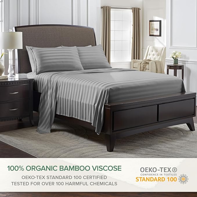 Pure Bamboo Split King Sheets, Genuine 100% Organic Viscose Derived from Bamboo Bed Sheet Set, Soft & Cooling, Double Stitching, 2 Fitted Sheets (Split King, Jacquard Stone)