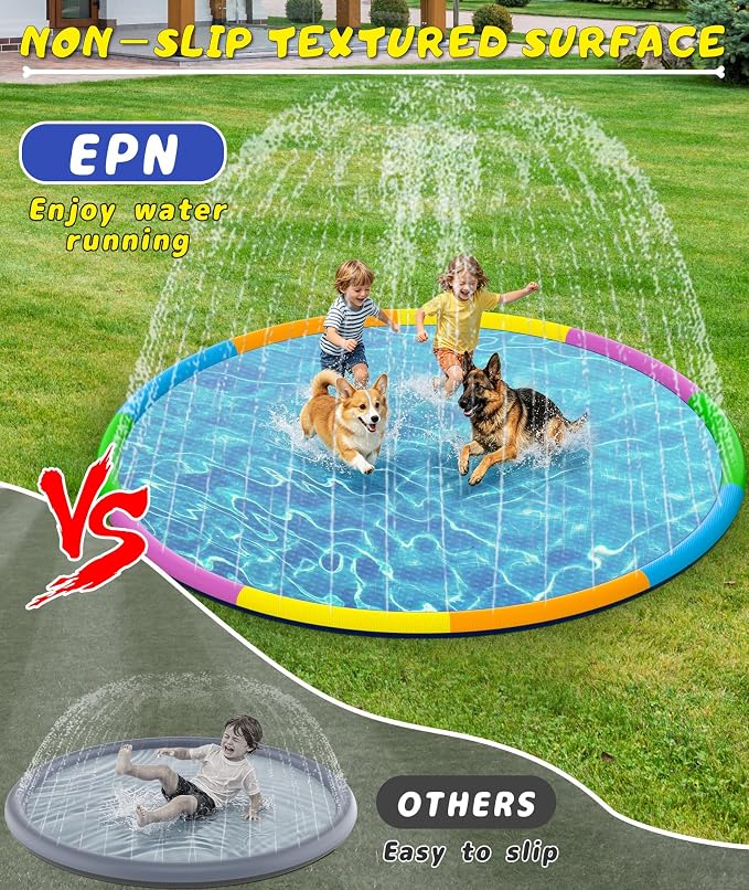 EPN Splash Pad for Kids & Dogs, 16.4FT Extra Large Dog Splash Pad & Sprinkler Water Play Mat, Big Outdoor Water Toy for Kids Ages 4-8, Toddlers 3+ & Pets, Non-Slip Thick PVC Backyard Lawn Summer Fun