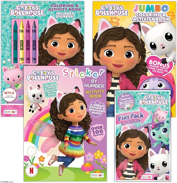 Gabby's Dollhouse Coloring Book Bundle - 4-Pack Activity Set with Coloring Books, Crayons, Stickers, Ages 3+