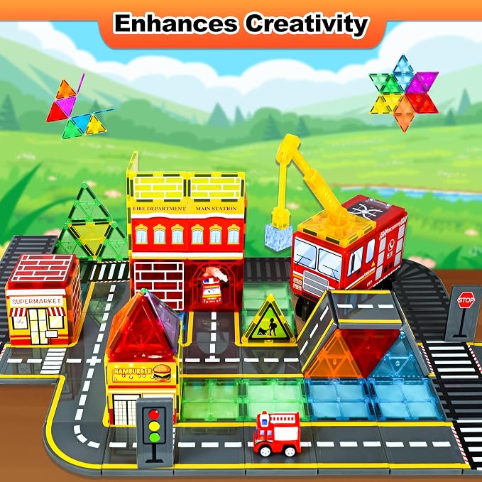 Drofex Magnetic Tiles Road Set with Fire Truck Magnetic Crane, Creative Construction Toys for Kids Ages 3-12, Boys & Girls, Fire Rescue Station and Engineering Themed Magnetic Building Blocks