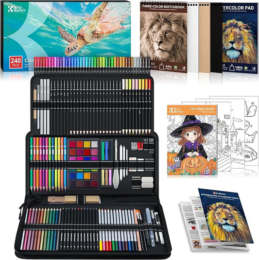 240PCS Artists Art Supplies - Drawing Kit with 3 Sketchbook, Coloring book - Graphite,Colored, Charcoal, Watercolor,Metallic,Fluorescent & Rainbow Pencils - for Artists and Beginners