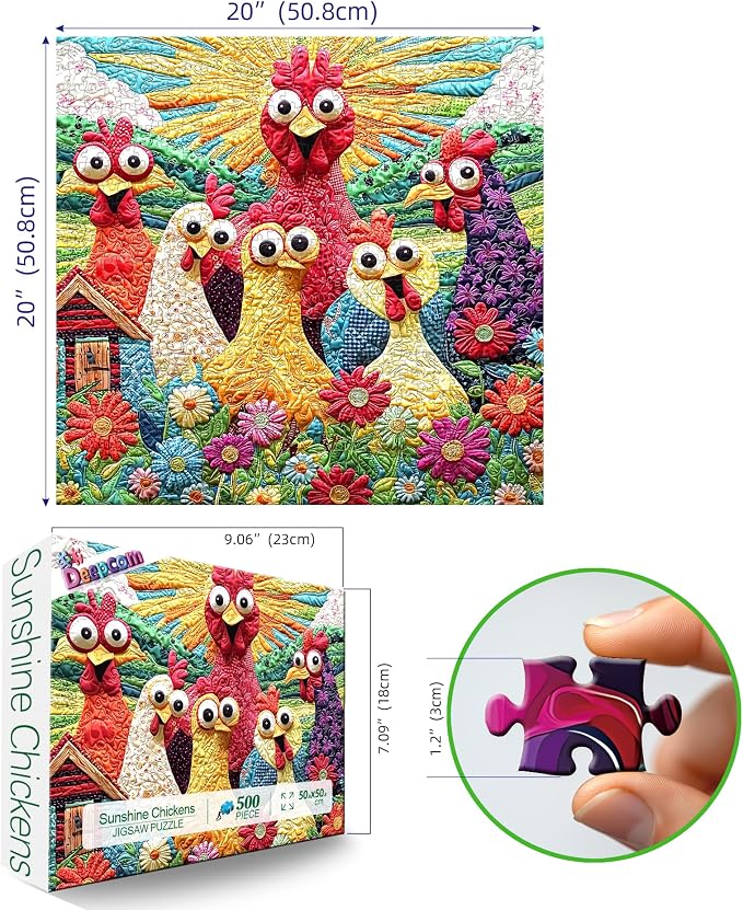 Colorful Chicken Family Farm Jigsaw Puzzle 500 Piece for Adults, Country Farm with Flower and Barn, 20 x 20 Inches, Relaxing & Decor