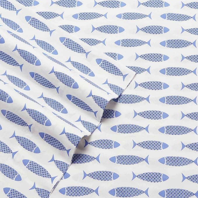 Nautica – Full Size Sheet Set, Crisp Cotton Percale Bedding with Matching Pillowcases, Lightweight & Breathable Bed Sheets, Deep Pocket, College Dorm Room Essentials (Woodblock Fish Blue)