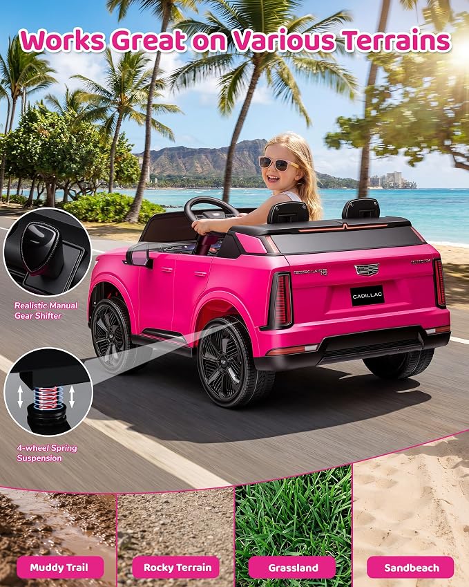 Firstness 2 Seater Ride on Car for Kids 24V Licensed Cadillac Escalade IQ Powered Wheels with Remote Control 400W Electric Ride on Toy with 3 Speed Light Music 7AH Battery Car for Kids Ages 3-8, Pink