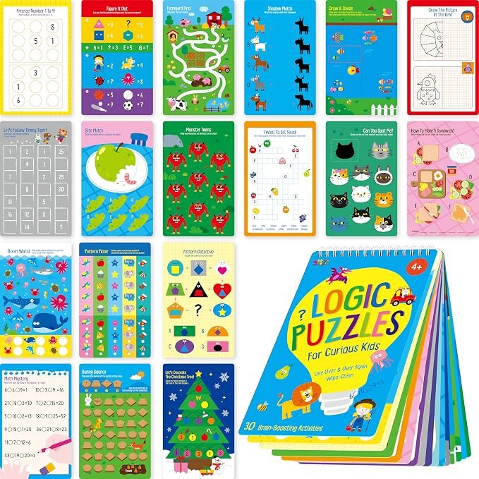SpriteGru Logic Puzzles Game Pad, 30 Reusable & Erasable Logical Thinking Games, Dry Erase Brain-Boosting Puzzle Activities Book for Kids, Educational Toy for Road Trip, Airplane & Car Travel