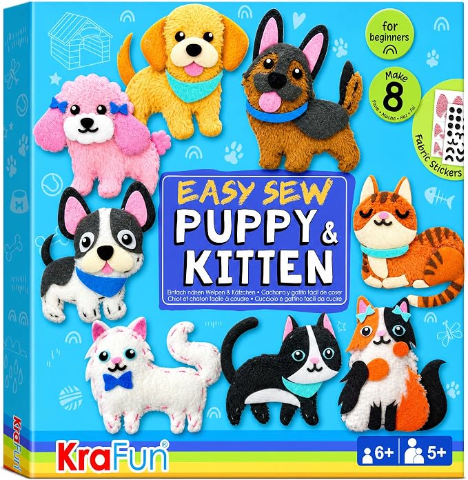 KRAFUN Easy Sewing Kit for Beginner Kids Arts & Crafts, 8 Easy DIY Projects of Stuffed Animal Dolls of Puppies & Kittens, Dogs and Cats, Instructions & Felt, Gift for Girls, Boys, Learn to Sew