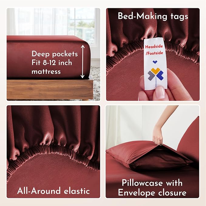 California Design Den Natural 100% Cotton Bed Sheets Twin Size Set - Soft Sateen Twin Sheets Set with 12" Pockets, Breathable and Durable Bedding for Dorm Rooms, College (Brick Red)