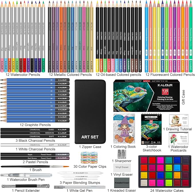 KALOUR 135 Drawing Set Sketching Kit,Art Supplies with 3-color Sketchbook & Coloring Paper,Include Tutorial, Oil Based, Neon,Graphite, Charcoal, Watercolor & Metallic Pencil,for Artist Adults Beginner