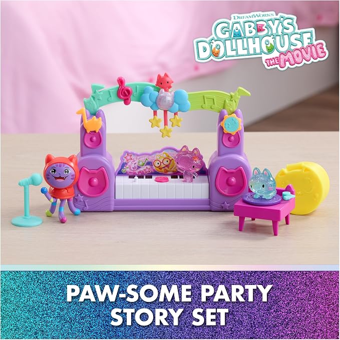 DreamWorks GABBY'S Dollhouse The Movie, Paw-Some Party Story Set with DJ Catnip, 2 Eraser Cat Toy Figures & Accessories, Kids Toys for Girls & Boys Ages 3 and Up