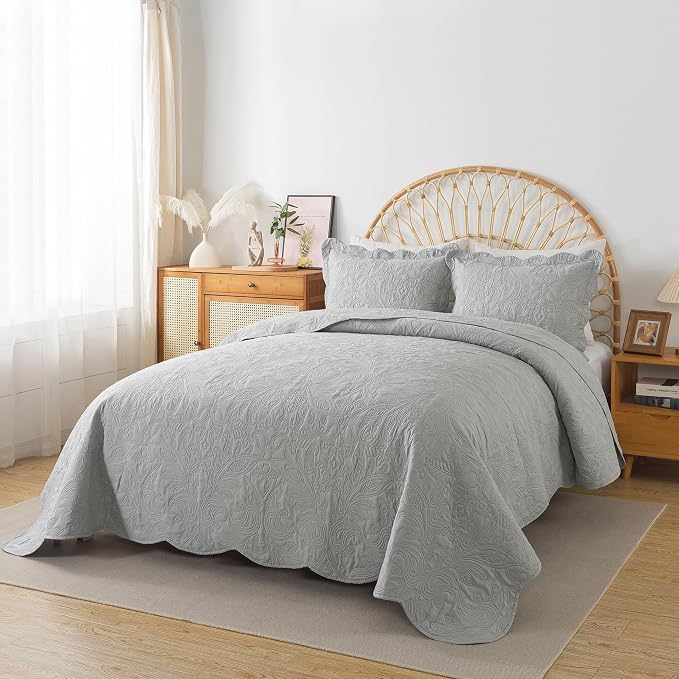 HoneiLife King Quilt Bedding Set - 3 Piece Microfiber Quilt Sets Lightweight Bedspreads Reversible Coverlets Retro Bed Cover Quilt King Size All Season Quilts-Light Grey