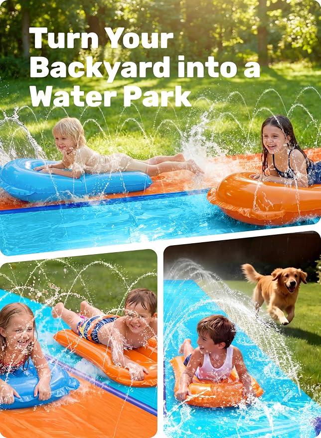 Sloosh 32.5FT Double Water Slides, Heavy Duty Lawn Slide with Sprinkler and 2 Inflatable Boards Backyard Yard Lawn Summer Outdoor Water Toy for Kids Adults