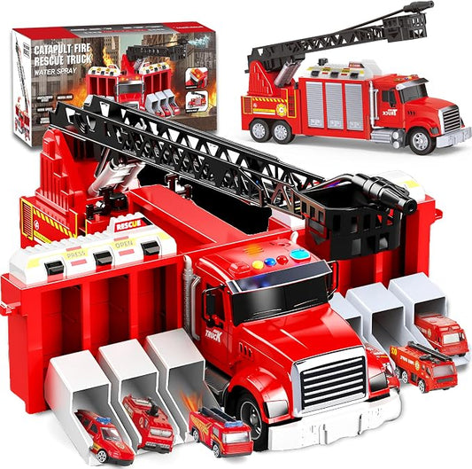 Inertial Drive Fire Truck Toy for 2 Year Old 27+'' Liftable Ladder/180° Rotatable Water Sprinkler , 6 Alloy Rescue Car Fire Trucks Playset, Light/Sound Firetruck Toys 3-5 Years Old w/Openable Carriage