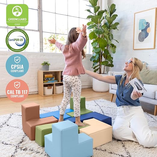 ECR4Kids SoftZone Brainy Building Blocks Puzzle Set, Beginner Playset, Earthtone, 7-Piece