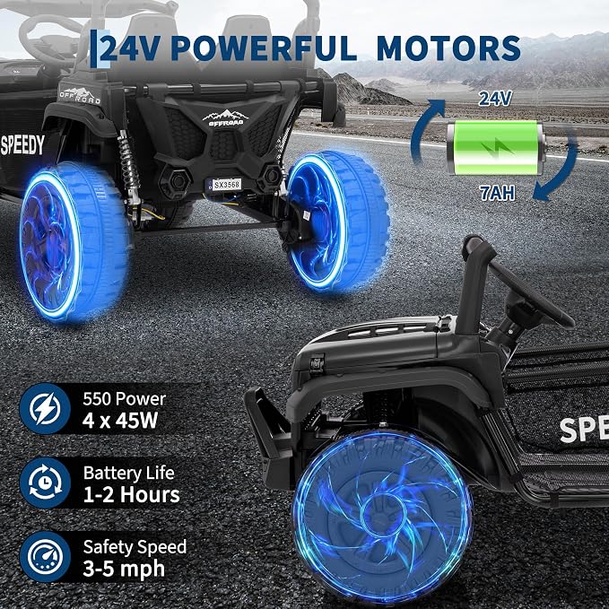 24V 2-Seater Ride on UTV Truck with Remote Control – 4WD Electric Vehicle Designed for Big Kids, Featuring Spring Suspension, Front and Behind LED Lights, Dual Storage Compartments, 3 Speed Settings,