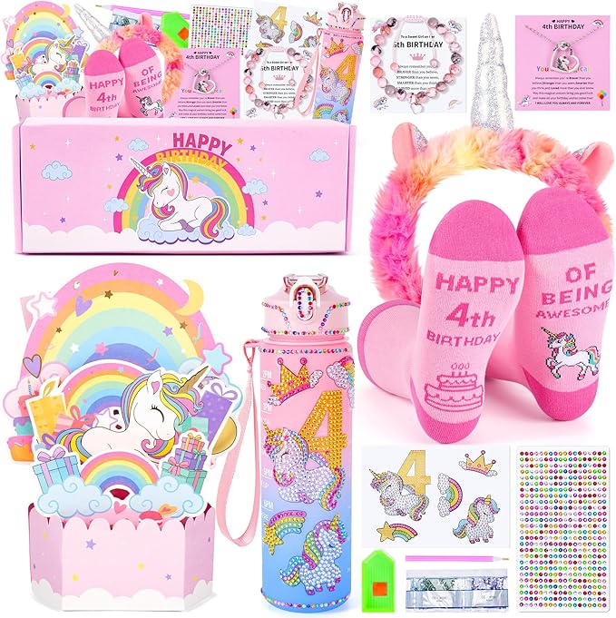 Unicorn Gifts for Girls, Christmas Birthday Gifts for Girls Age 4 Years Old Girl Birthday Gift Unicorn 3D Pop-Up Card for 4-Year-Old Girl and DIY Water Bottle Kits, Unicorn Toys for Daughter, Niece