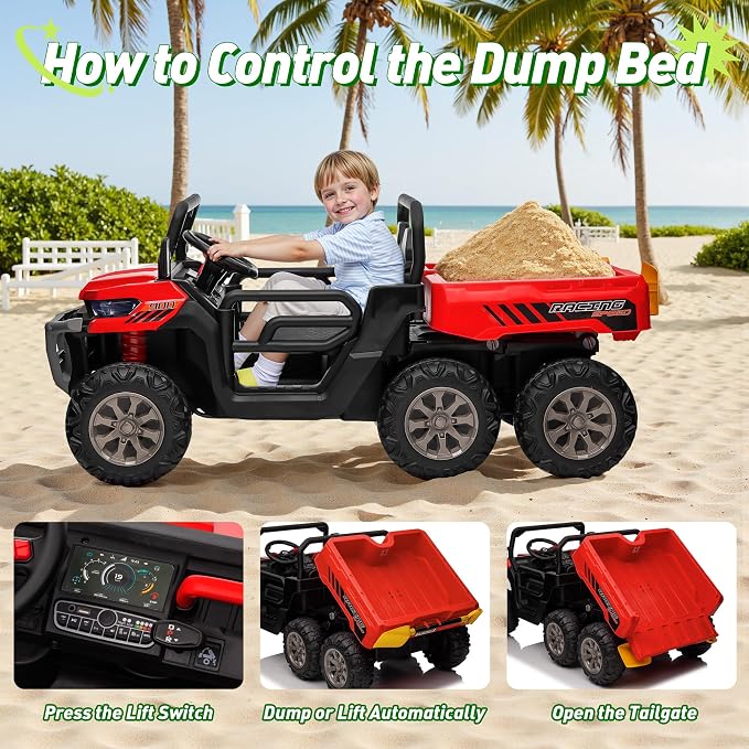 24V Ride On Dump Truck Car for Big Kids 2 Seater XL, 4WD 6-Wheels Battery Powered Ride On Toy with Remote Control, 800W Powerful Motors, Dump Bed & Shovel, Electric UTV for Boys Girls