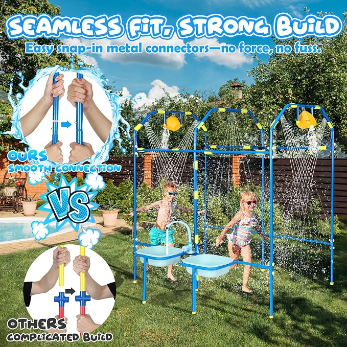 Water Park Sprinkler Toy for Kids, Heavy-Duty Steel Backyard Waterpark Splash Game with Shooting Toys, Splash Buckets, Water Table & Faucets, Water Play Activities Outdoor Summer Fun