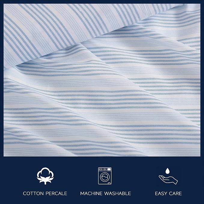 Nautica - Twin Size Sheets Set, Crisp & Tailored Striped Bedding with a Smooth Cotton Percale, Bed Sheets with Matching Pillowcase & Fitted Sheet (Tayleur Stripe Blue)