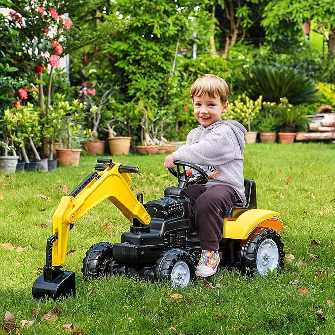 Aosom Kids Ride On Excavator, Pedal Digger, Construction Truck with Horn for Kids and Toddlers 3+, Yellow