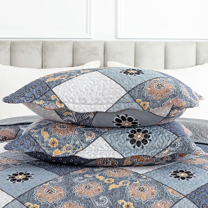 NEWLAKE Quilt Set King Size, Bedspread Sets Delicate Square Floral, Quilt Bedding Set Lightweight and Breathable for All Seasons, Soft Quilted Bedspread with 2 Pillow Shams