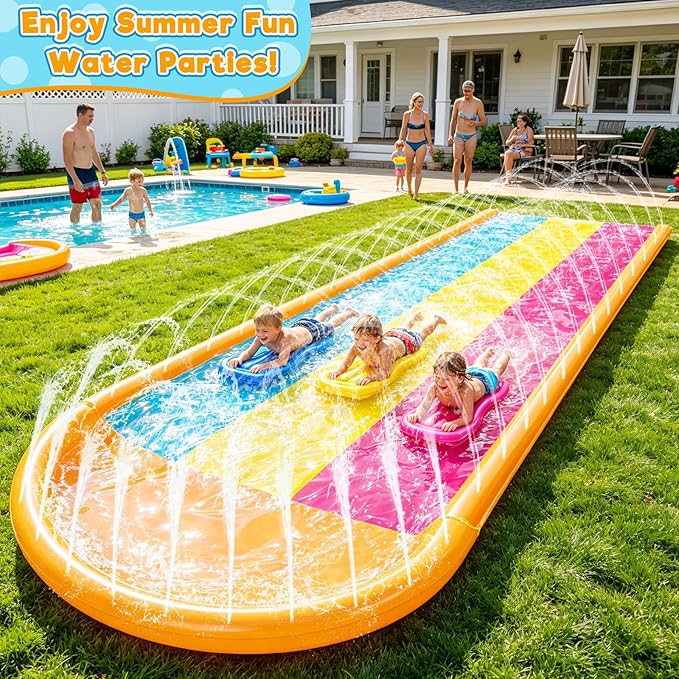 [ 3 Sided Safe Fence ] Extra Width Triple Slip Water Slide with 3-Way Sprinklers, Backyard Lawn Water Slides and 3 Bodyboards with Handle, Summer Outdoor Water Fun Toys for Kids Adults,16Ft x 7Ft