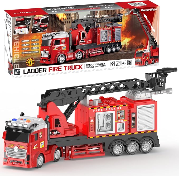 Extra Large Fire Truck Toys for Kids, 27'' Extendable Ladder 180° Rotating, Light & Sound Fire Trucks for Toddlers 3-5, Inertia Drive Firetruck Toys, Dual Water Spray Nozzles, for 3+ Boys