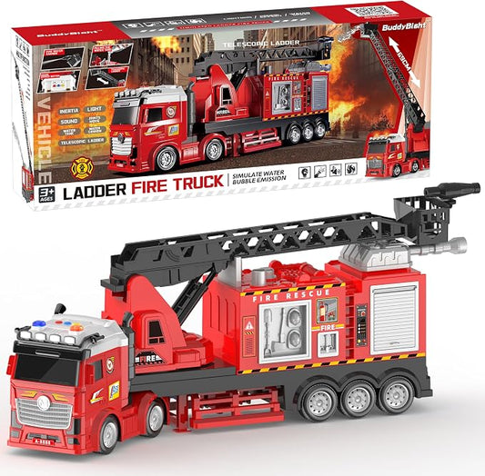 Extra Large Fire Truck Toys for Kids, 27'' Extendable Ladder 180° Rotating, Light & Sound Fire Trucks for Toddlers 3-5, Inertia Drive Firetruck Toys, Dual Water Spray Nozzles, for 3+ Boys