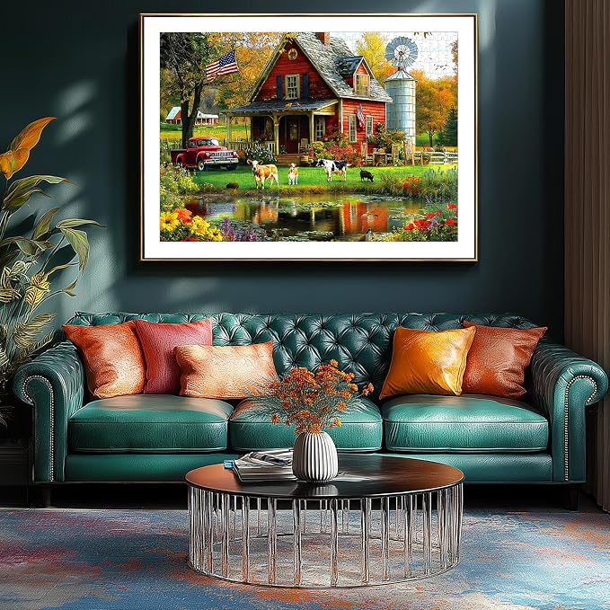 Autumn Farm Jigsaw Puzzles 1000 Pieces for Adults - Vintage Country Scene with Red Farmhouse & Pickup Truck, Family-Friendly Countryside Puzzle Games with Reference Poster （27.6"x19.7"）