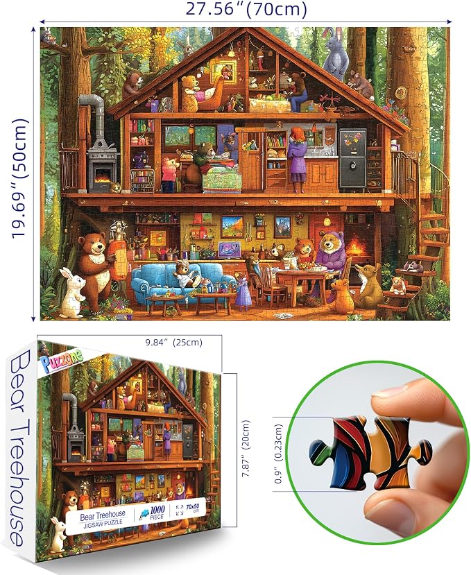 Animal Characters Jigsaw Puzzle, 1000 Pieces Puzzles for Adults, Bear Treehouse Forest Multicolor for Family Fun Decoration, Gifts, Party Toy, Finished Size 27.5" x 19.7"