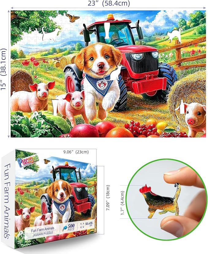 Farm Animals 500 Piece Puzzle for Adults Countryside Scenery with Cute Piglets,Red Tractor Fun Jigsaw Puzzles with Letters on Back for Seniors Challenging Adult Puzzle for Home Decor & Gift