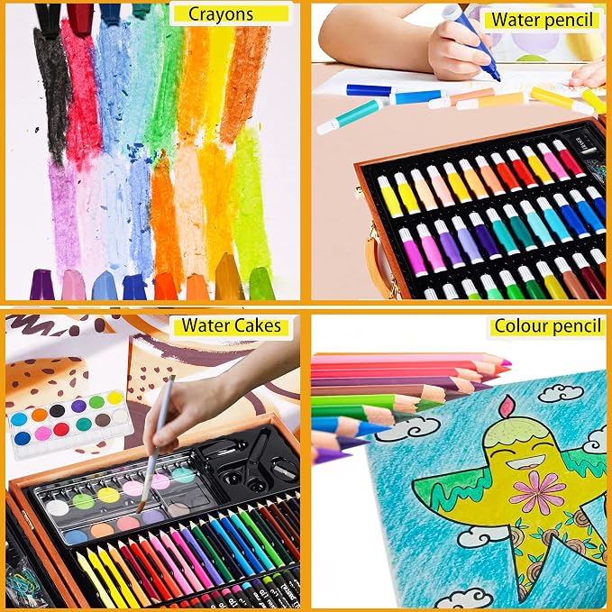 KINSPORY 150PC Art Set with Sketch Book, Coloring Art Kit Drawing Art Supplies Case, Markers Crayon Colour Pencils for Budding Artists Kids Teens Boys (Brown)