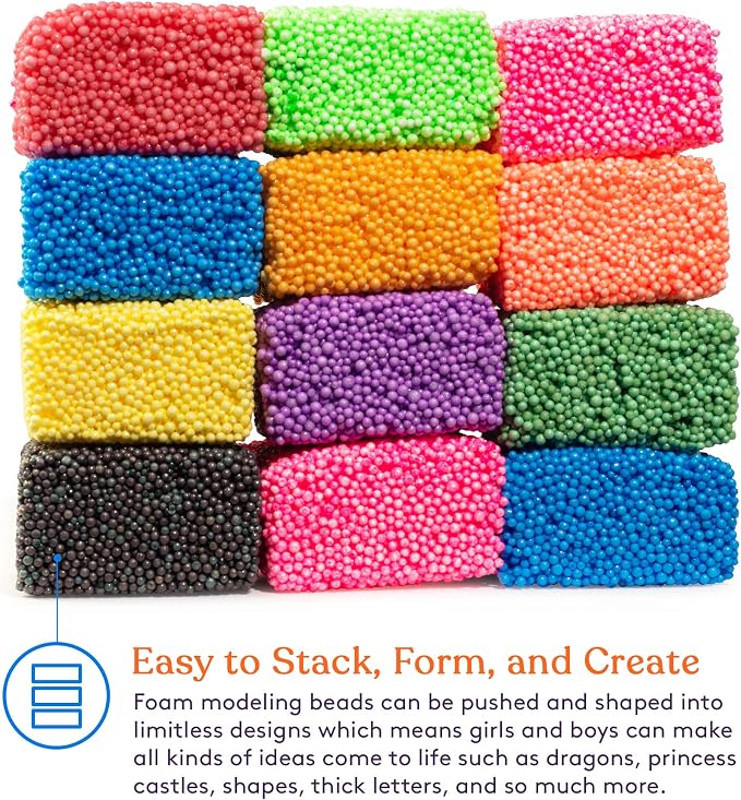 Special Supplies Fun Foam Modeling Foam Beads Play Kit, 12 Blocks Children’s Educational Clay for Arts Crafts Kindergarten, Preschool Kids Toys Develop Creativity, Motor Skills, Reusable Container