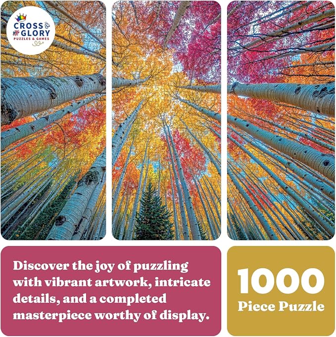 Cross & Glory - Sky Through The Aspens - 1000 Piece Jigsaw Puzzle for Adults | Golden Autumn Forest Puzzle | Vibrant Fall Nature Artwork Premium Ribbon-Cut