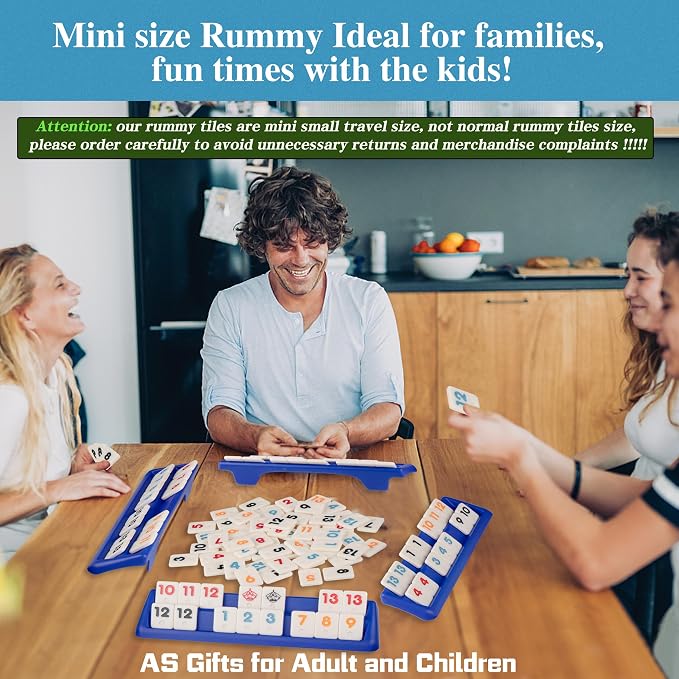 Doublefan Mini Rummy Cube Set, Mini Size Rummy Game with Portable Bag, Small Travel Game for Adult and Kids,106 Tiles, 4 Playing Rack, 1 Dice (2-4 Players)