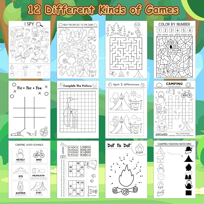24Pcs Travel Camping Activity Books - Happy Camper Mini Fun Games Coloring Book Bulk Party Favors Goodie Bags Stuffers for Birthday Classroom School Students Rewards Supplies
