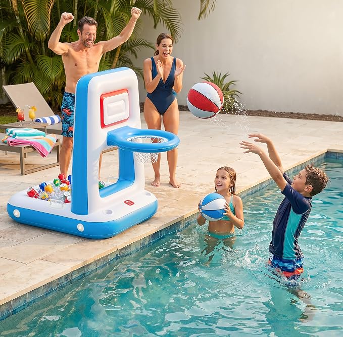 QPAU Pool Basketball Hoop with Built-in Cooler, 42" Poolside & Floating Inflatable Basketball Hoop for Family Pool Party — Swimming Pool Games for Kids & Adults, Includes 2 Balls & Pumps