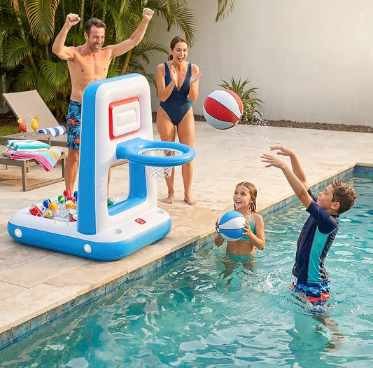 QPAU Pool Basketball Hoop with Built-in Cooler, 42" Poolside & Floating Inflatable Basketball Hoop for Family Pool Party — Swimming Pool Games for Kids & Adults, Includes 2 Balls & Pumps