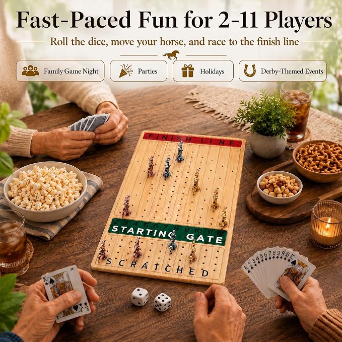 Jyquorp Horse Race Board Game (15.6" x 10") Solid Wood Horse Racing Board Game Set for 2-11 Players with 11 Luxury Metal Horses, 2 Dice & 2 Card Decks, Gifts for Family Party