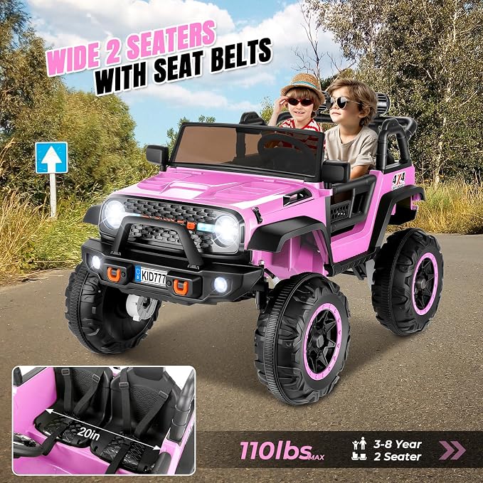 Hikole 24V 4WD/2WD Electric Kids Car with 4x4 Powerful Engine, Remote Control, Spring Suspension, Music, 2 Seater Electric Kids Ride on Truck W/20 Extra Wide Seat, Colorful LED Lights, Pink