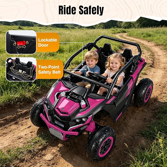 Firstness 24V Ride on Toys 800W Electric Remote Control Ride on Cars for Kids 2-Seater Riding Cars for Kids Ages 3-8, 3 Speed Mode, Music, LED Light, Off-Road UTV Ride on Truck for Boys & Girls, Pink