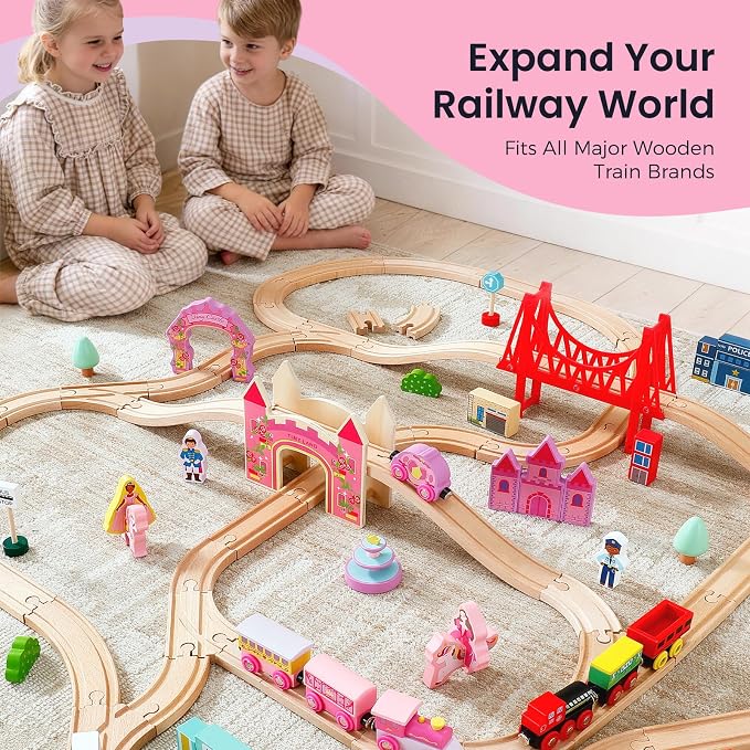 Tiny Land Wooden Train Set for Girls, 38PCS Unicorn Princess Train Set with Castle Bridge & Royal Accessories, Pink Fantasy Train Track Set, Gift for Toddlers Girl Toys Ages 3+