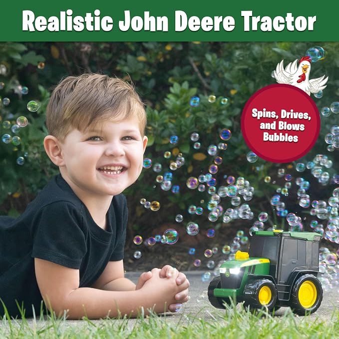 John Deere Bubble N Go Tractor, Battery Powered Bubble Blowing Toy with Real Headlights and Smart Motion Sensors