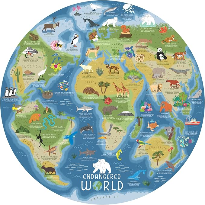 Ridley's Endangered World 1,000-Piece Jigsaw Puzzle – Circular Animal Puzzle with Informational Image About Different Endangered Animals, Sturdy Storage Tube Included – Makes a Great Gift